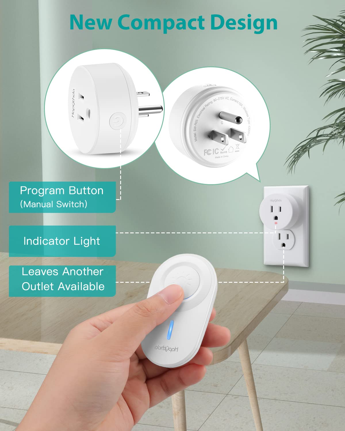 HAPYTHDA remote outlet pairing process showing quick setup with a single device.