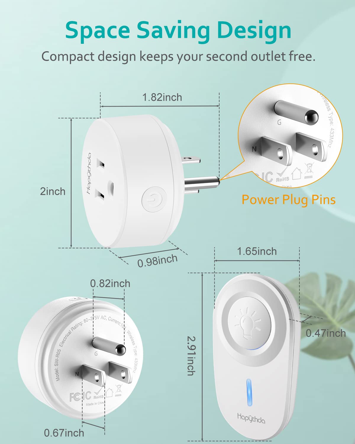 HAPYTHDA remote outlet indoor-outdoor range illustration highlights broad RF reach.