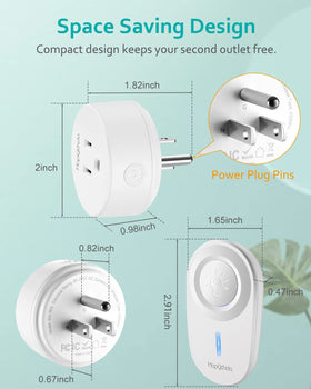 HAPYTHDA remote outlet indoor-outdoor range illustration highlights broad RF reach.