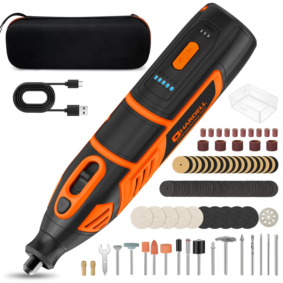 HARDELL 12V cordless rotary tool front view shows compact power for precise DIY tasks.