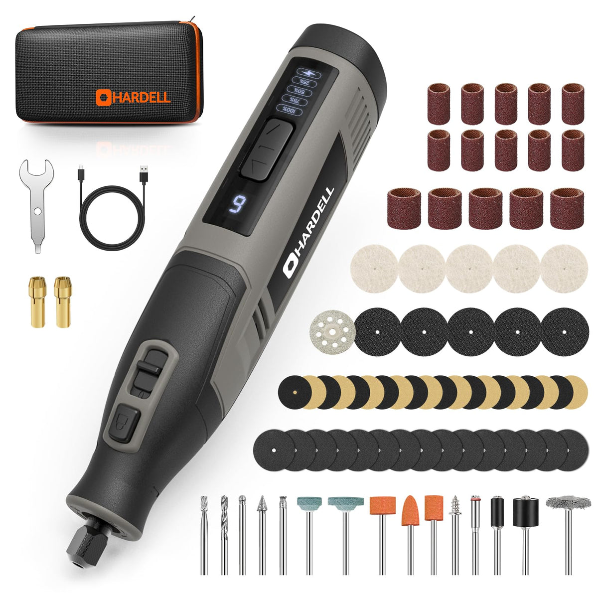 HARDELL 4V cordless rotary tool for portable precision cutting.