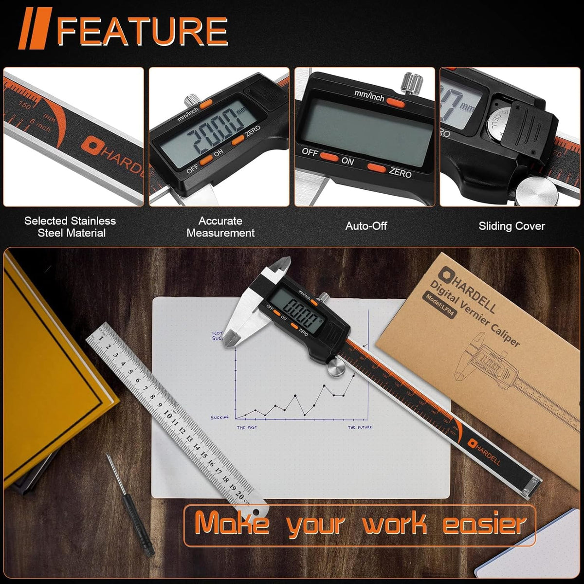 HARDELL stainless steel caliper with unit conversion in one click.