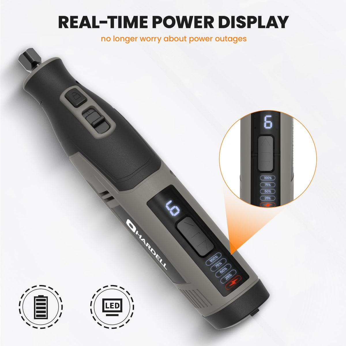 HARDELL digital display shows speed and battery status for precise control.