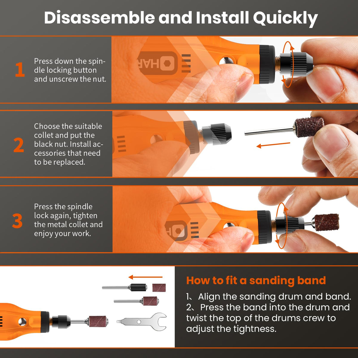 HARDELL mini rotary tool shows 5-speed settings for precise control