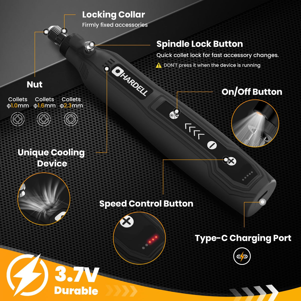 HARDELL Rotary Tool with USB charging for portable DIY projects.