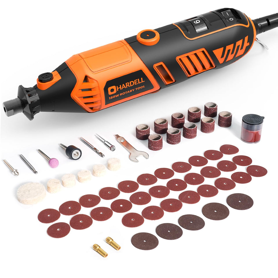 HARDELL Rotary Tool Kit power image highlights a strong 180W motor for demanding tasks