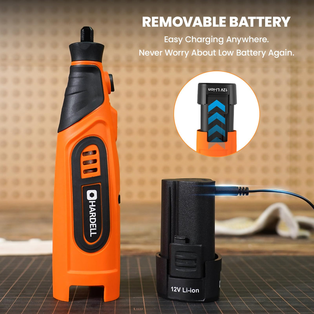 HARDELL Upgrade 12V tool with 6-speed dial enables fine speed control.