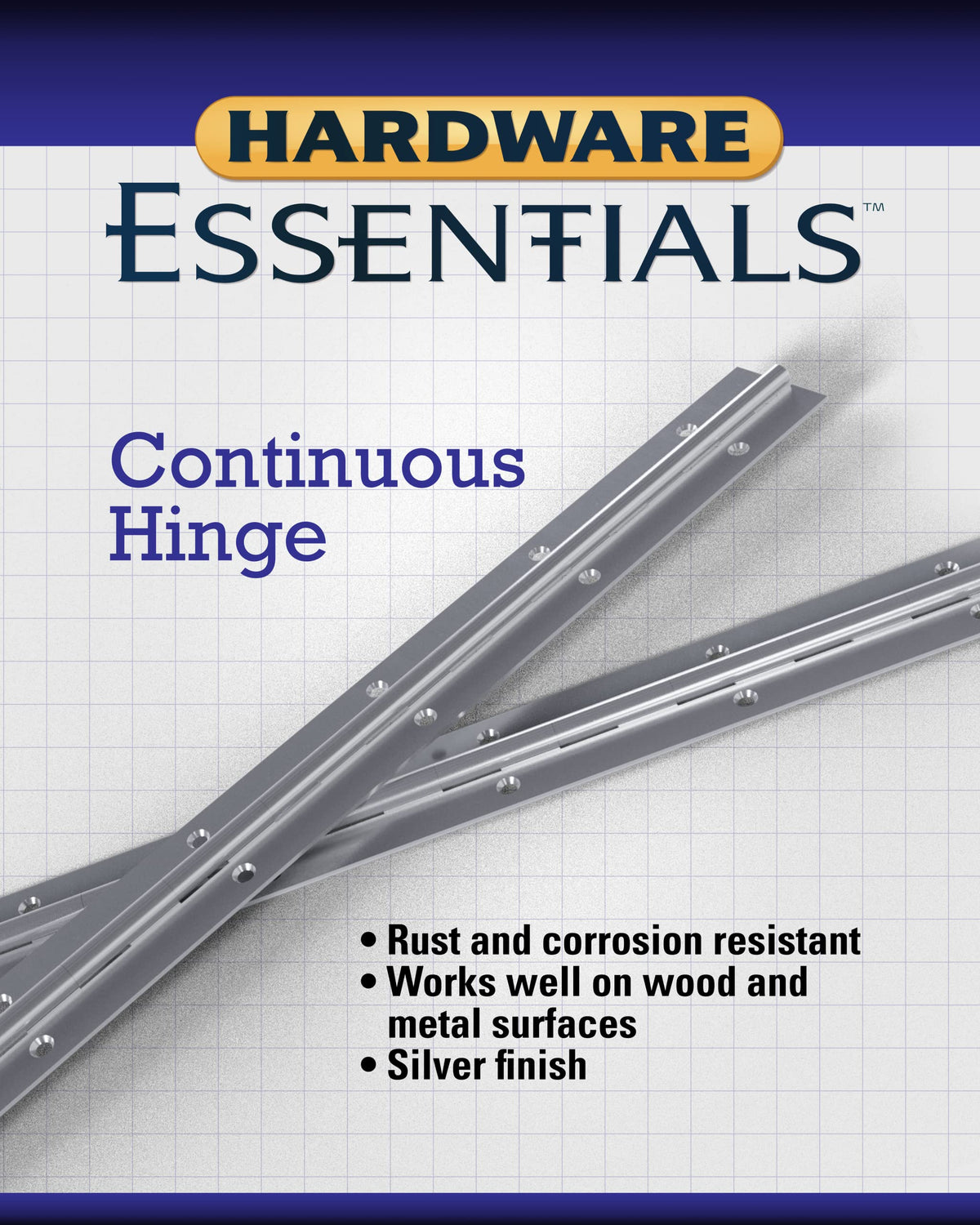 Hardware Essentials piano hinge nickel finish close-up shows durable hardware for wood or metal.