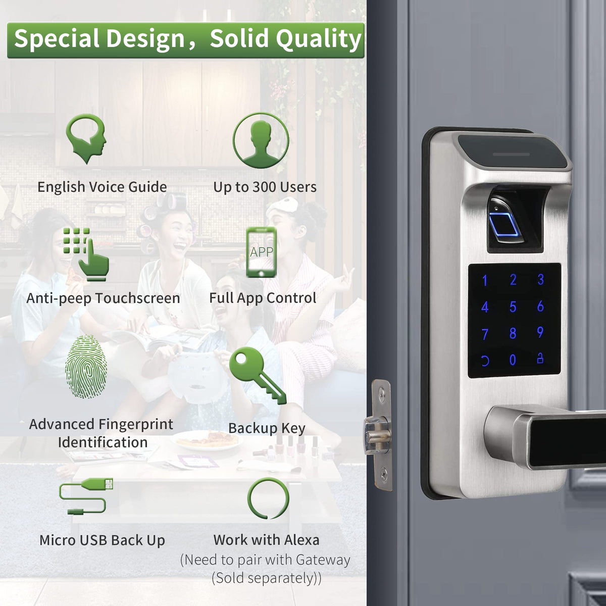 HARFO Smart Door Lock keypad close-up highlights secure entry options and tactile feedback.
