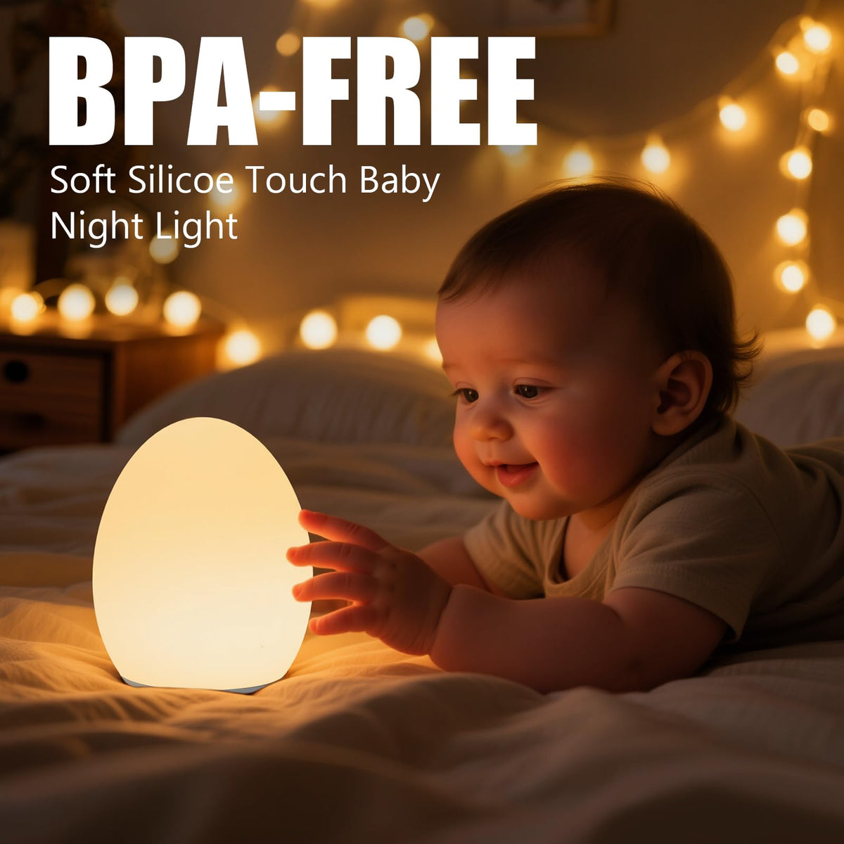 Harmobub silicone egg lamp with squeeze-friendly cover offers soothing tactile play for little hands.