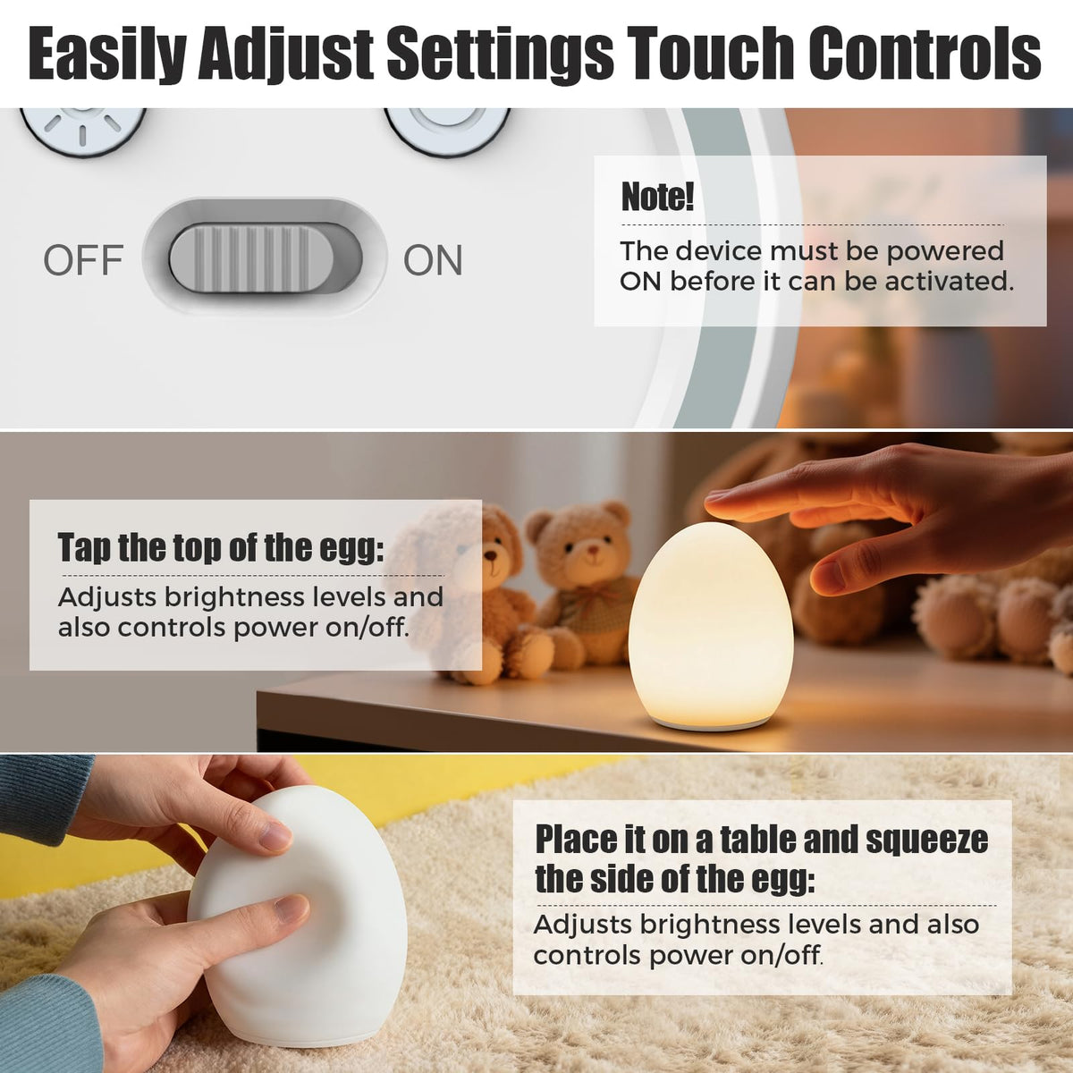 Harmobub touch control night light by patting the top adjusts brightness gently.