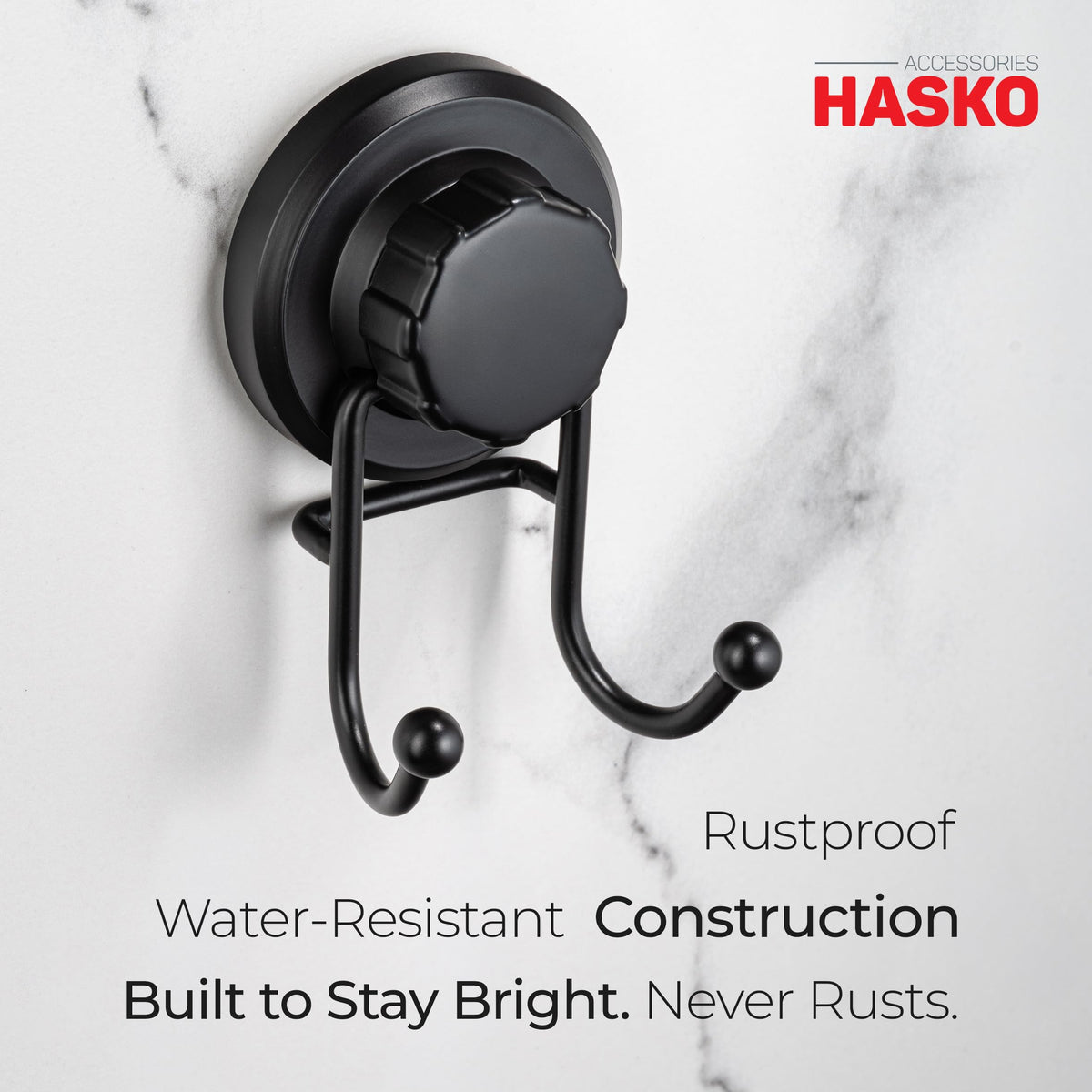 HASKO adhesive mount option secures hooks on uneven surfaces without drilling.