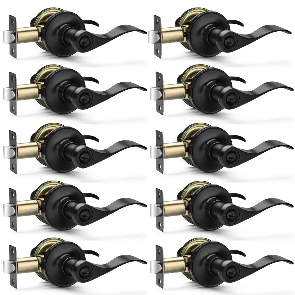 Hasmikit 10-pack matte black privacy door levers for bedrooms and baths.
