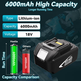 Hastia 18V 6.0Ah battery side view highlighting slim profile.
