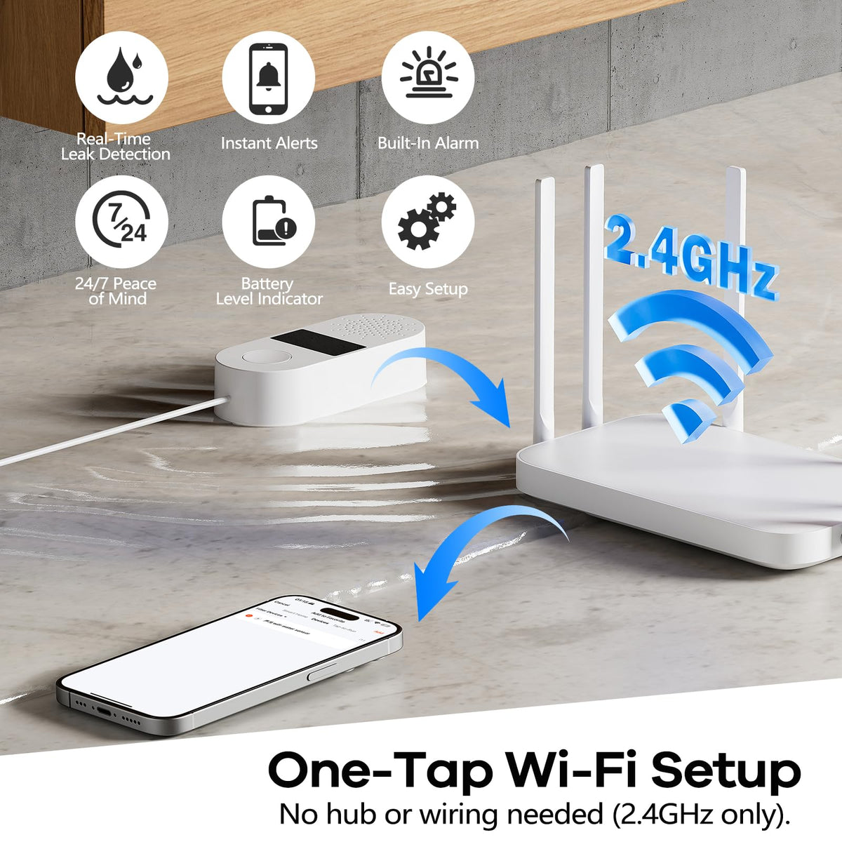 HASULL WiFi leak detector basement corner sends real-time app alerts