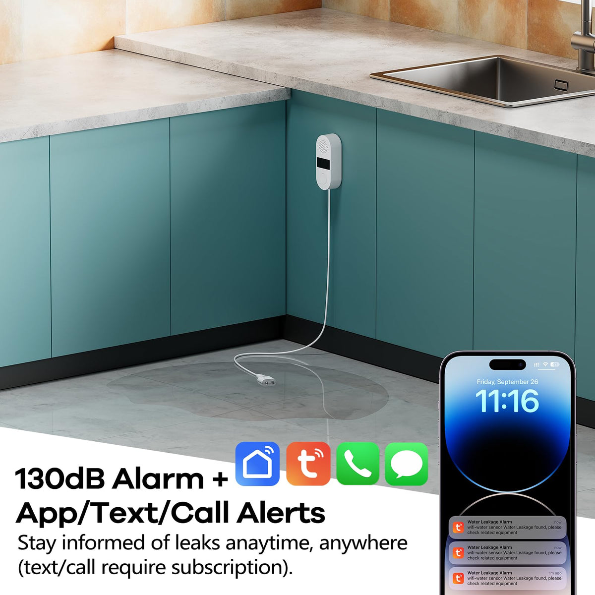 HASULL leak detector under-sink view with 39-inch probe prevents floods