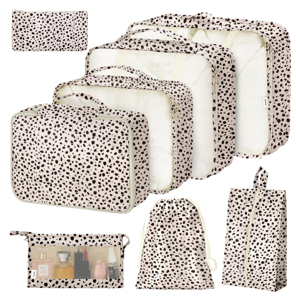 Hatisan Leopard 8-piece packing cubes set to maximize suitcase organization.