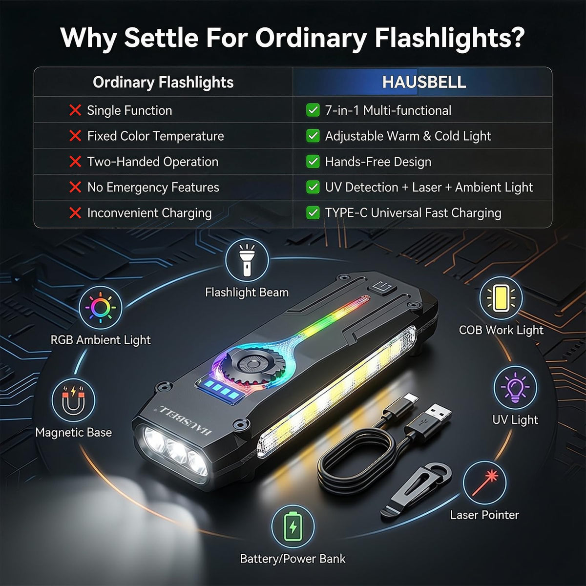 HAUSBELL Flat EDC Flashlight USB-C fast charging for quick recharges.