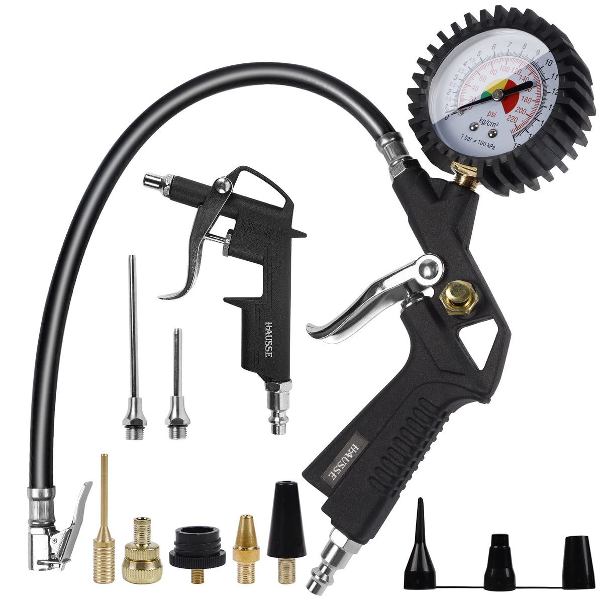 Hausse air compressor kit tire gauge displays accurate pressure for quick checks.