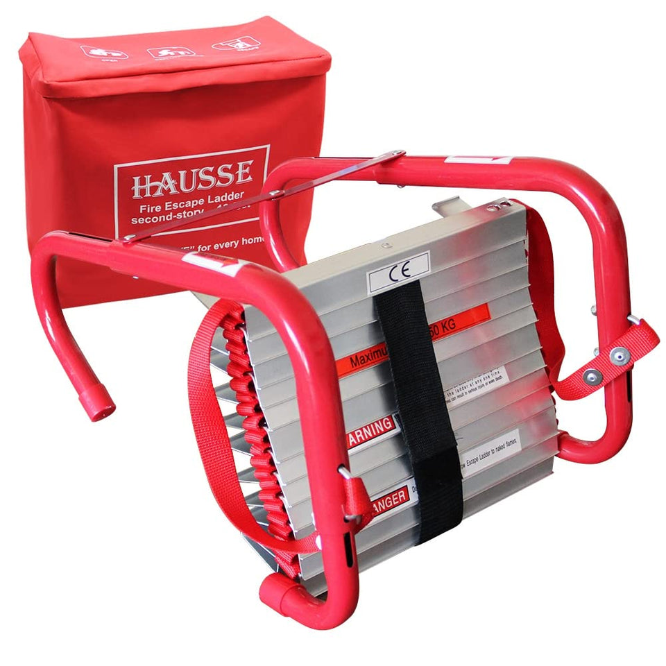 Hausse retractable 2-story fire escape ladder with hooks securely anchors to a window frame for rapid escape