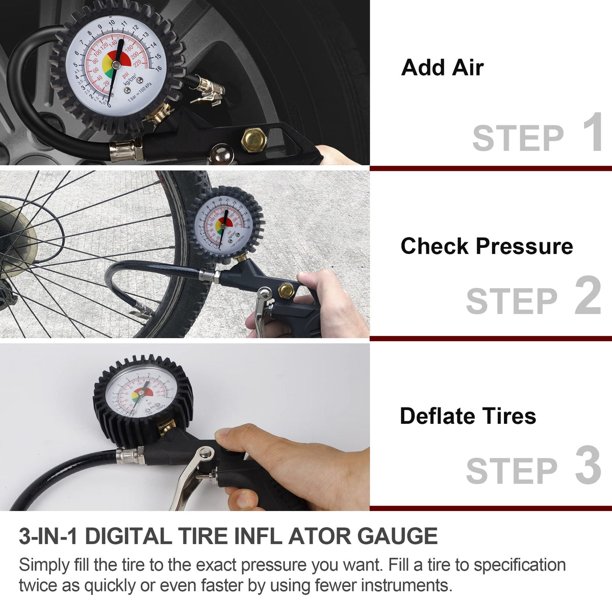 Hausse vent valve and tire gauge allows safe air release and precise readouts.