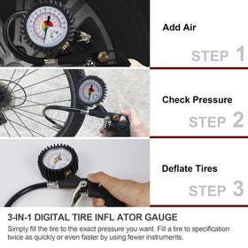 Hausse vent valve and tire gauge allows safe air release and precise readouts.