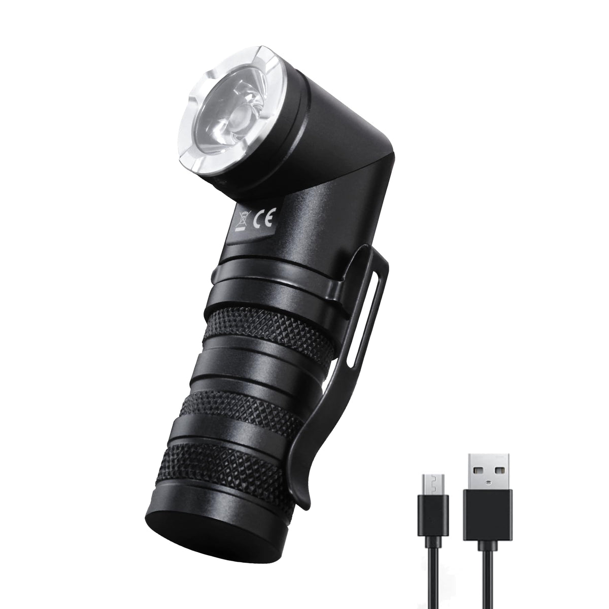 HAUTMEC 1400-lumen rechargeable flashlight with 90-degree swivel for hands-free lighting.