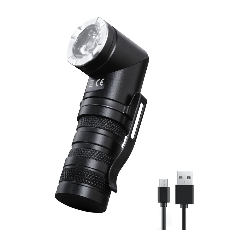 HAUTMEC 1400-lumen rechargeable flashlight with 90-degree swivel for hands-free lighting.