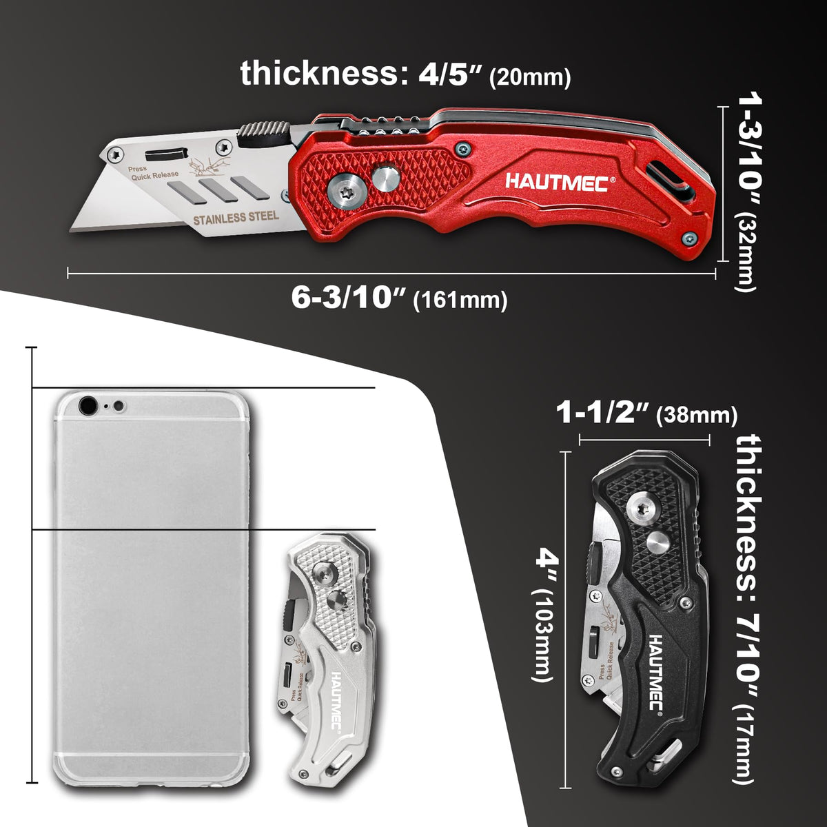 HAUTMEC silver folding knife, lightweight aluminum for fatigue-free cutting