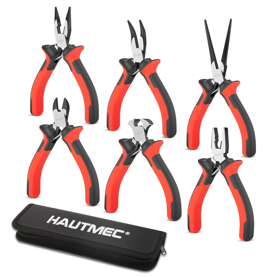 HAUTMEC 6-piece mini pliers set with needle nose for precise electronics work.