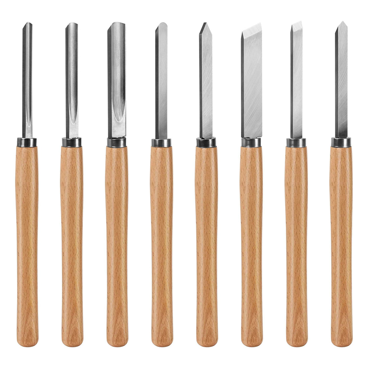 HAUTMEC 8pc wood turning chisel set shown fully for detailed work.