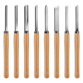 HAUTMEC 8pc wood turning chisel set shown fully for detailed work.