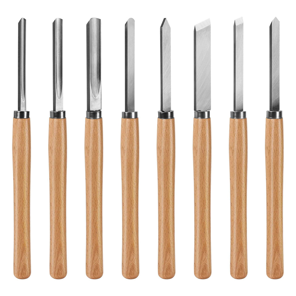 HAUTMEC 8pc wood turning chisel set shown fully for detailed work.