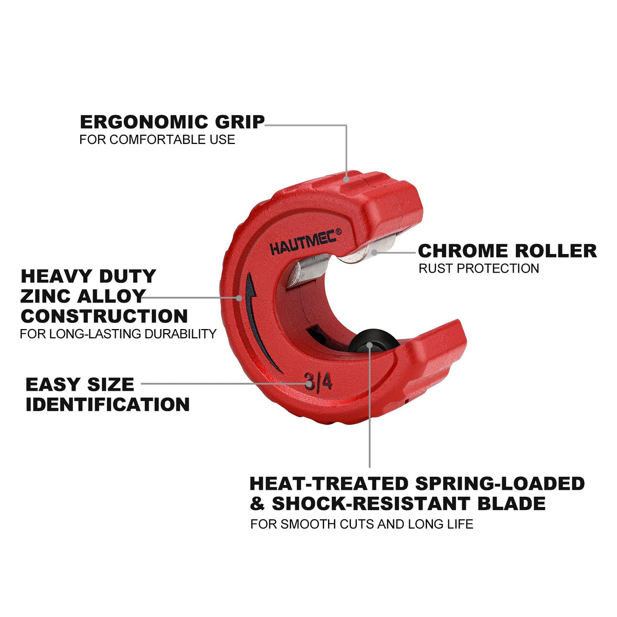 HAUTMEC 1/2 inch cutter close-up with chrome rollers for clean cuts.
