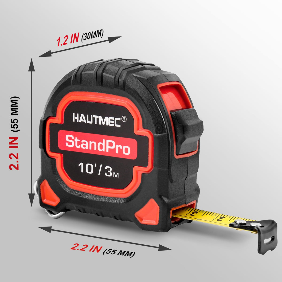 HAUTMEC dual scale tape measure showing clear inch and metric readings