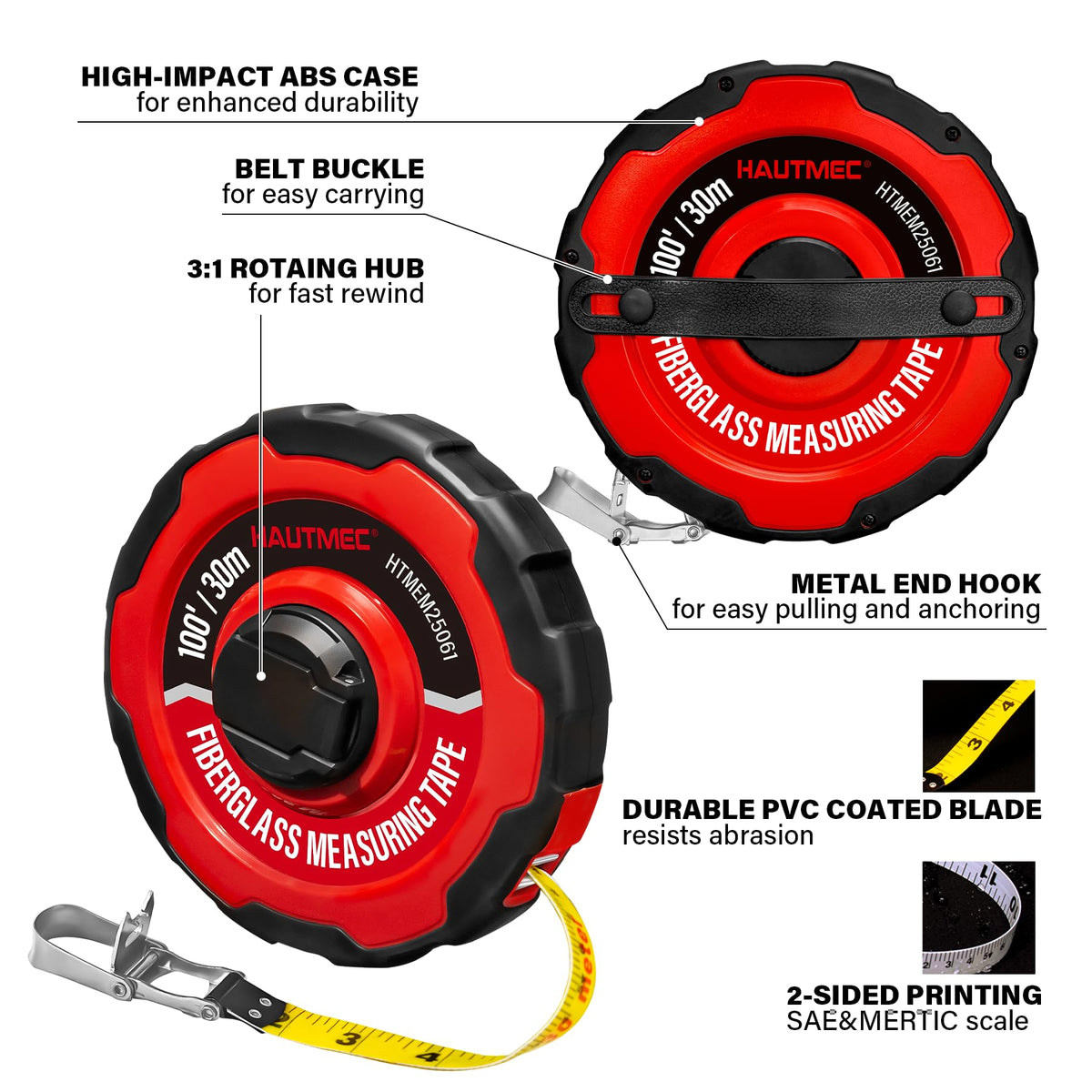 HAUTMEC fiberglass-coated tape 30m for waterproof and oil-resistant readings