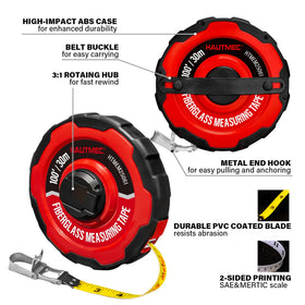 HAUTMEC fiberglass-coated tape 30m for waterproof and oil-resistant readings