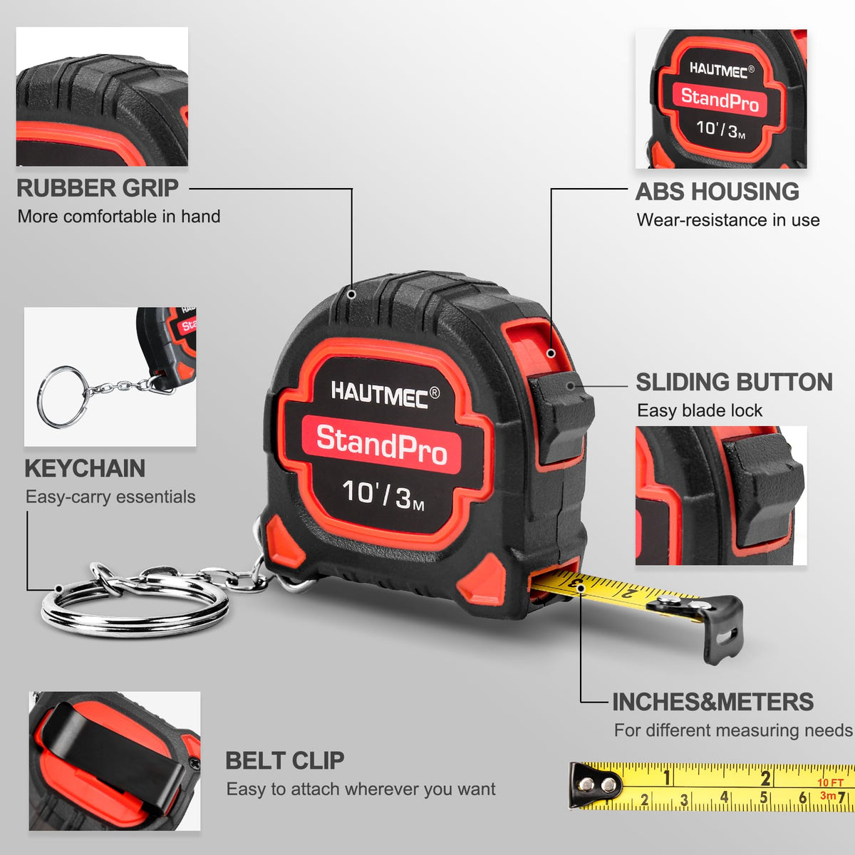 HAUTMEC pocket tape measure with compact design for belt and bag storage