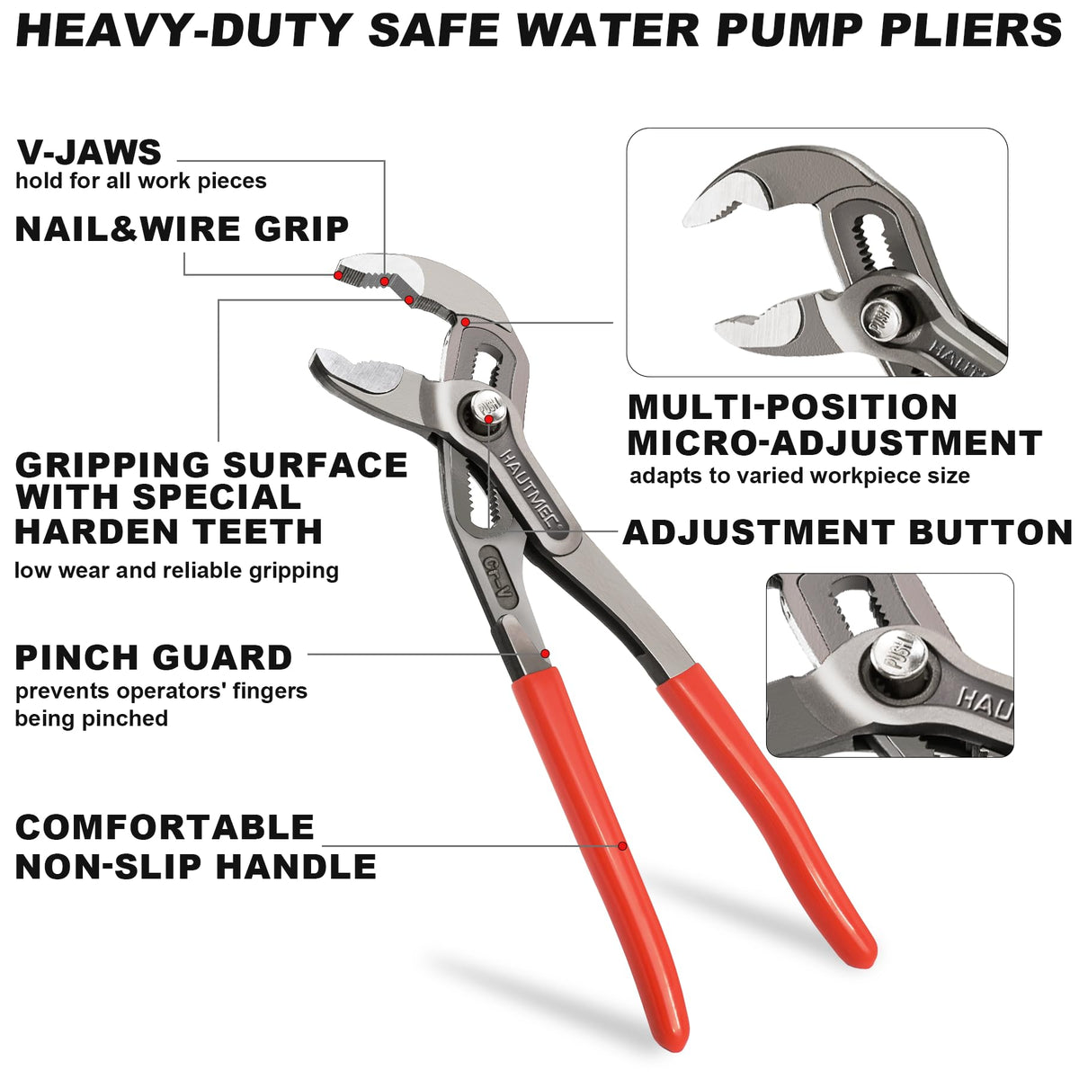 HAUTMEC water pump pliers 10in jaw handles larger fittings with ease