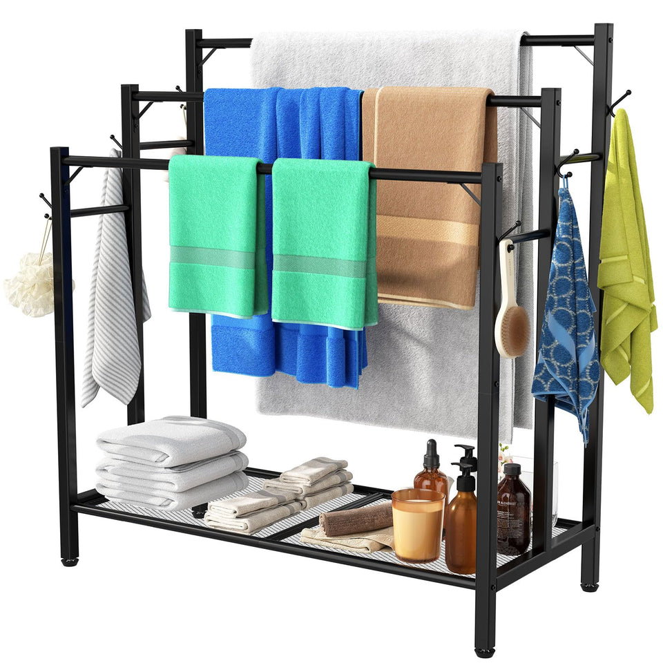 HavenlyYouth 3-tier towel rack with large storage keeps towels neatly organized.