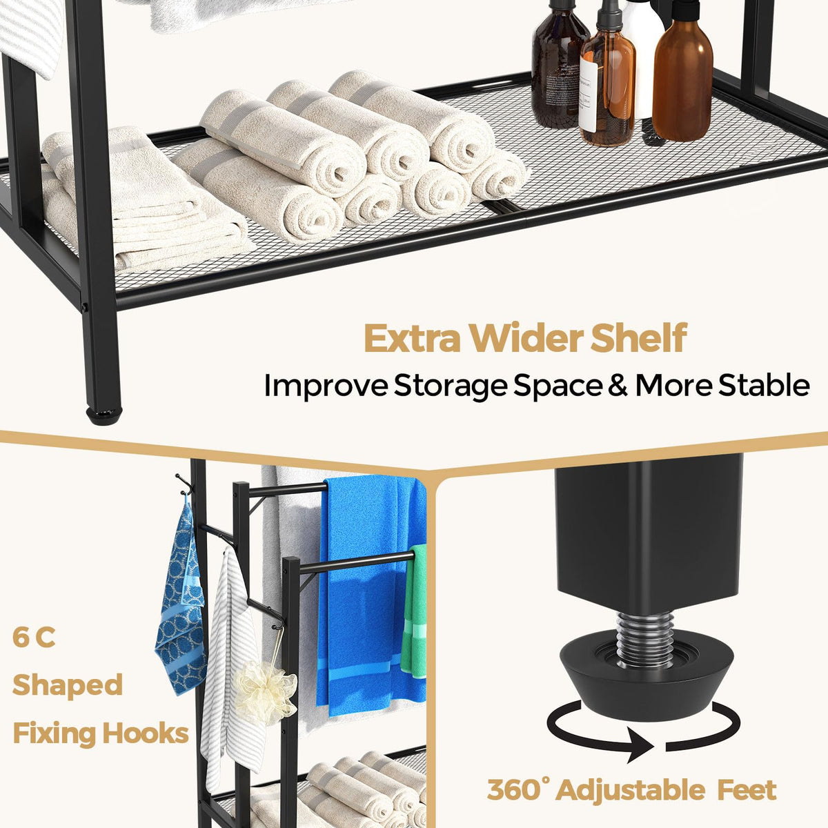 HavenlyYouth towel rack with six hooks for towels, washcloths, and accessories.