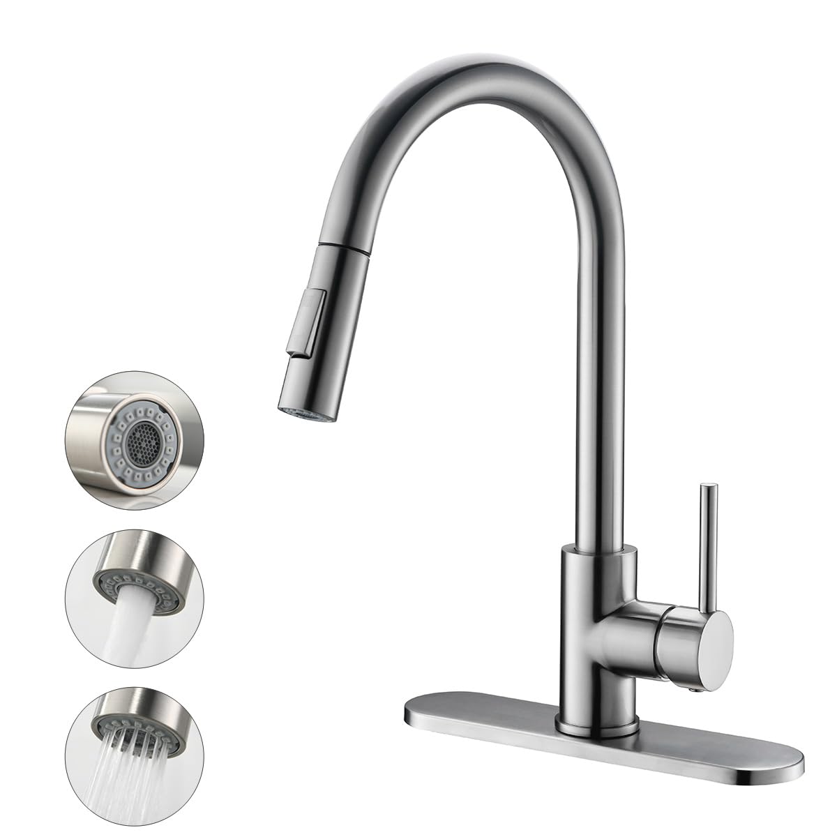Havin brushed nickel faucet with pull-down sprayer for versatile sink cleaning