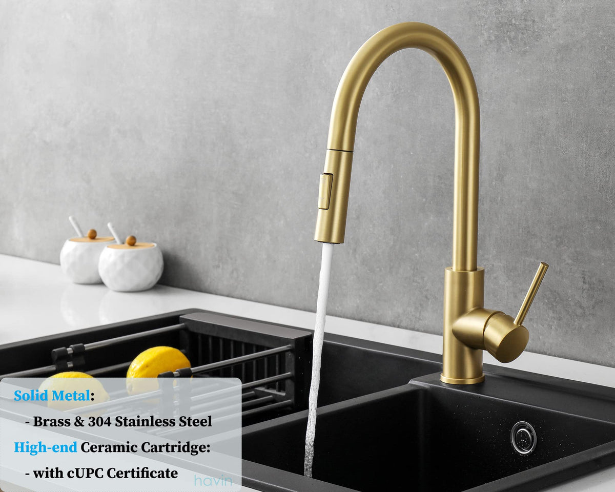 Havin Gold faucet shows pull-down sprayer for flexible cleaning reach