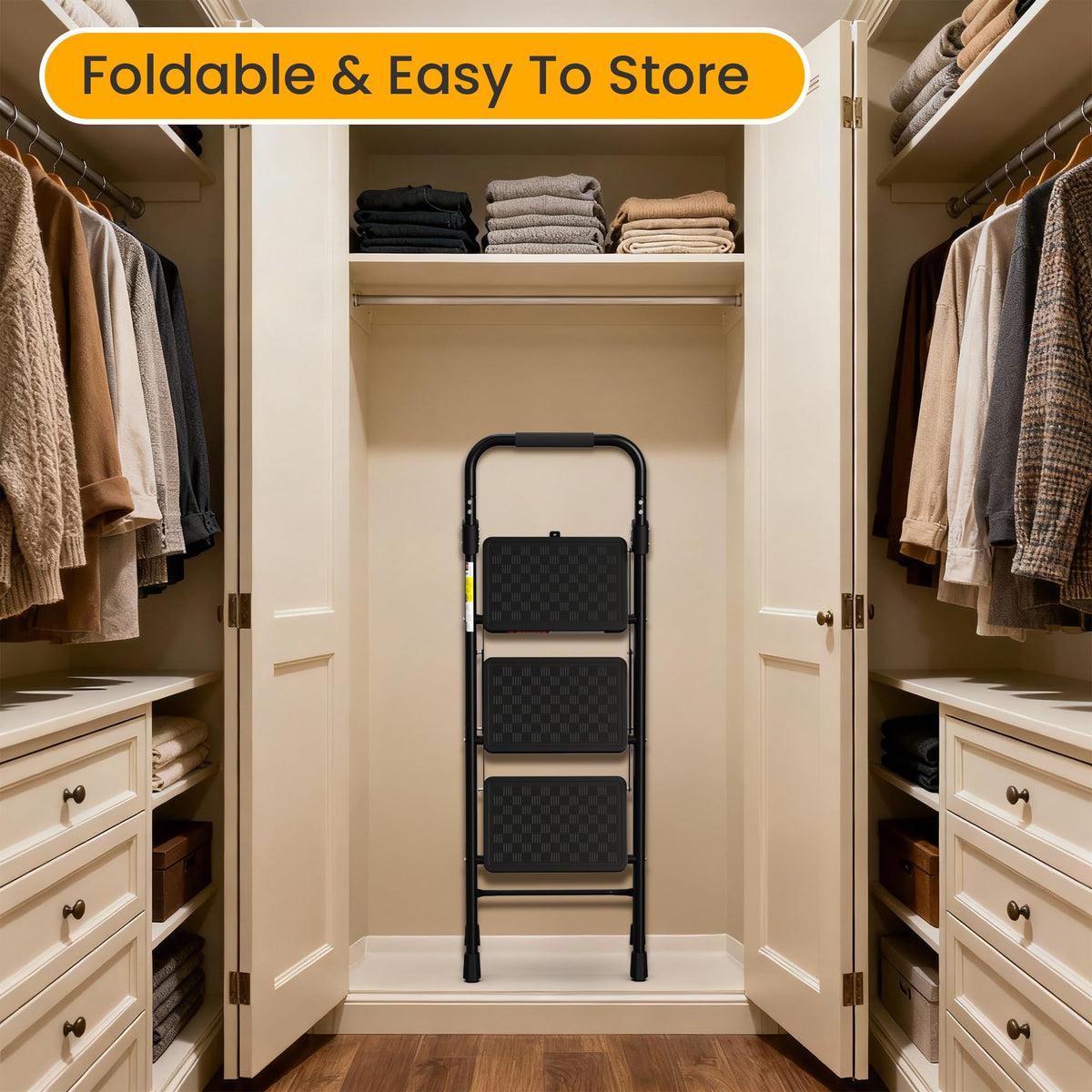 HBTower 3 Step Ladder folding mechanism enables quick stowaway setup