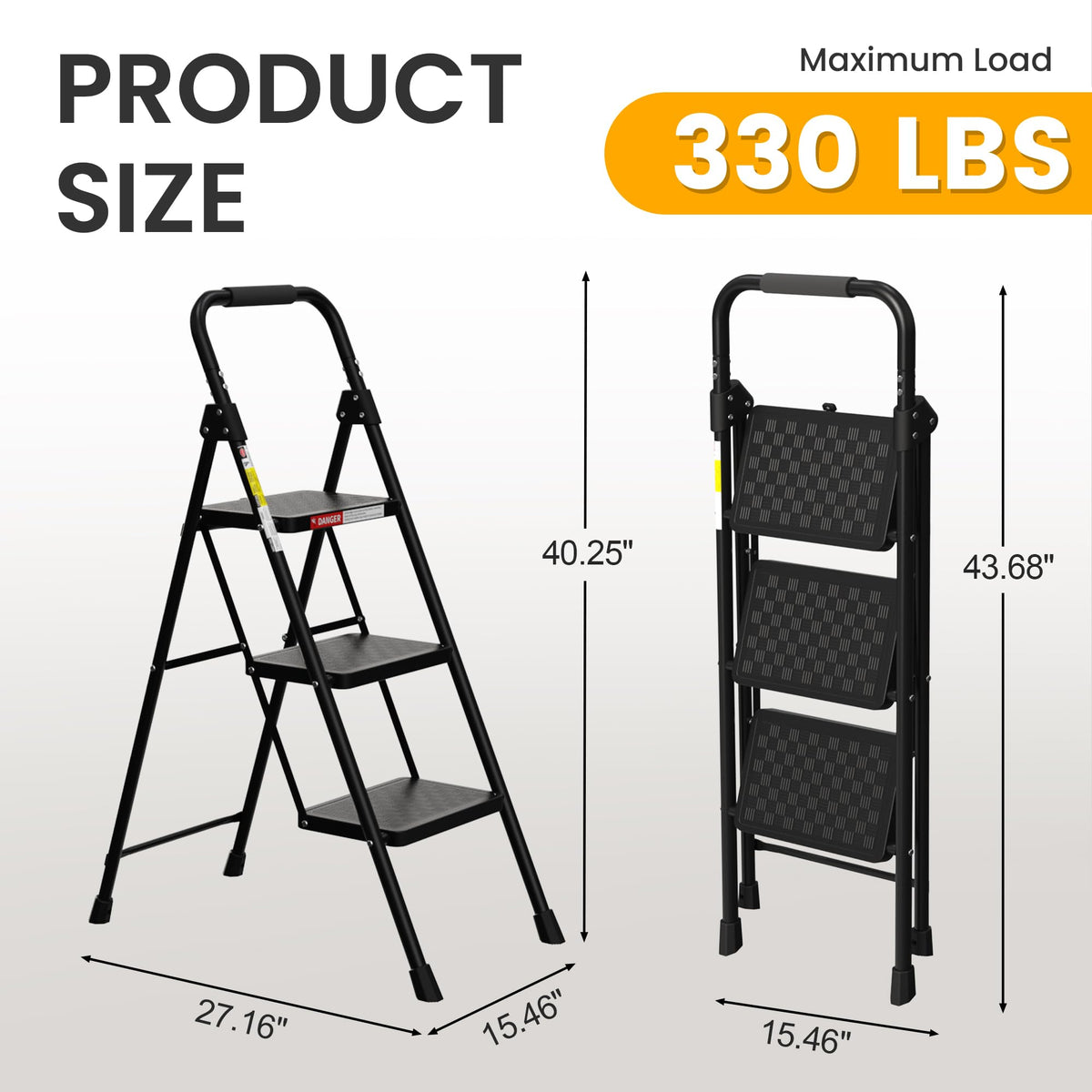 HBTower 3 Step Ladder supports up to 330 pounds for sturdy tasks
