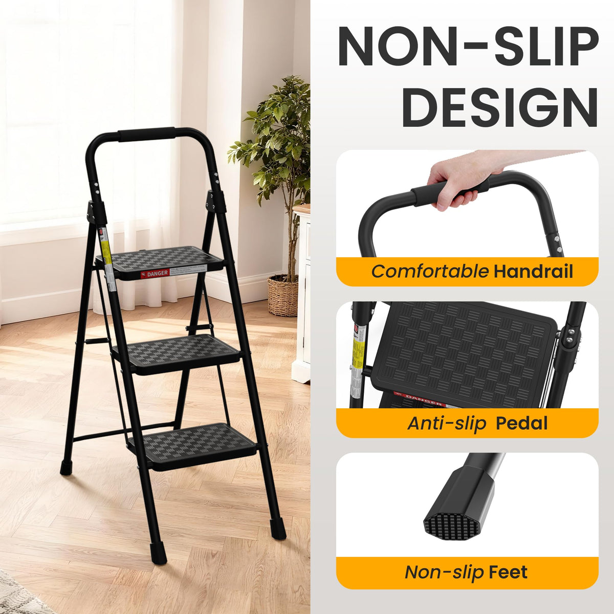 HBTower 3 Step Ladder non-slip handrail for confident use