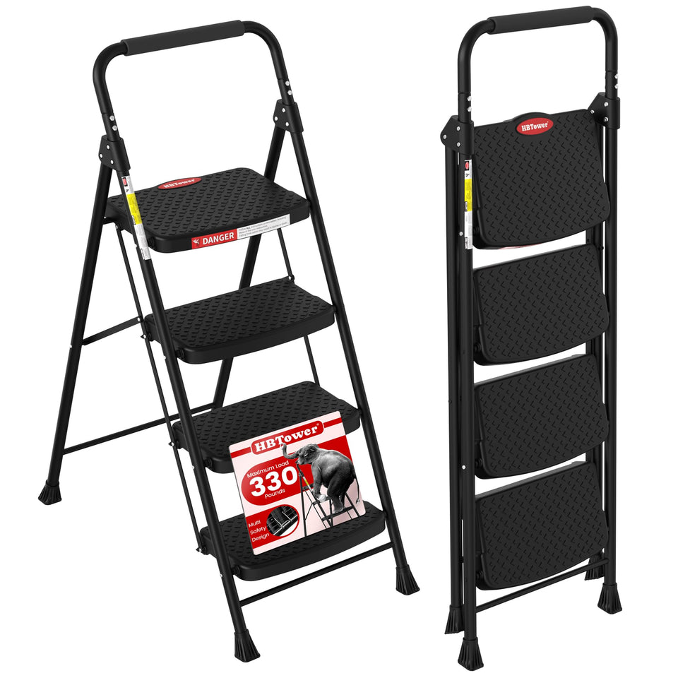 HB Tower 4-step ladder with wide anti-slip pedals for safe elevation.