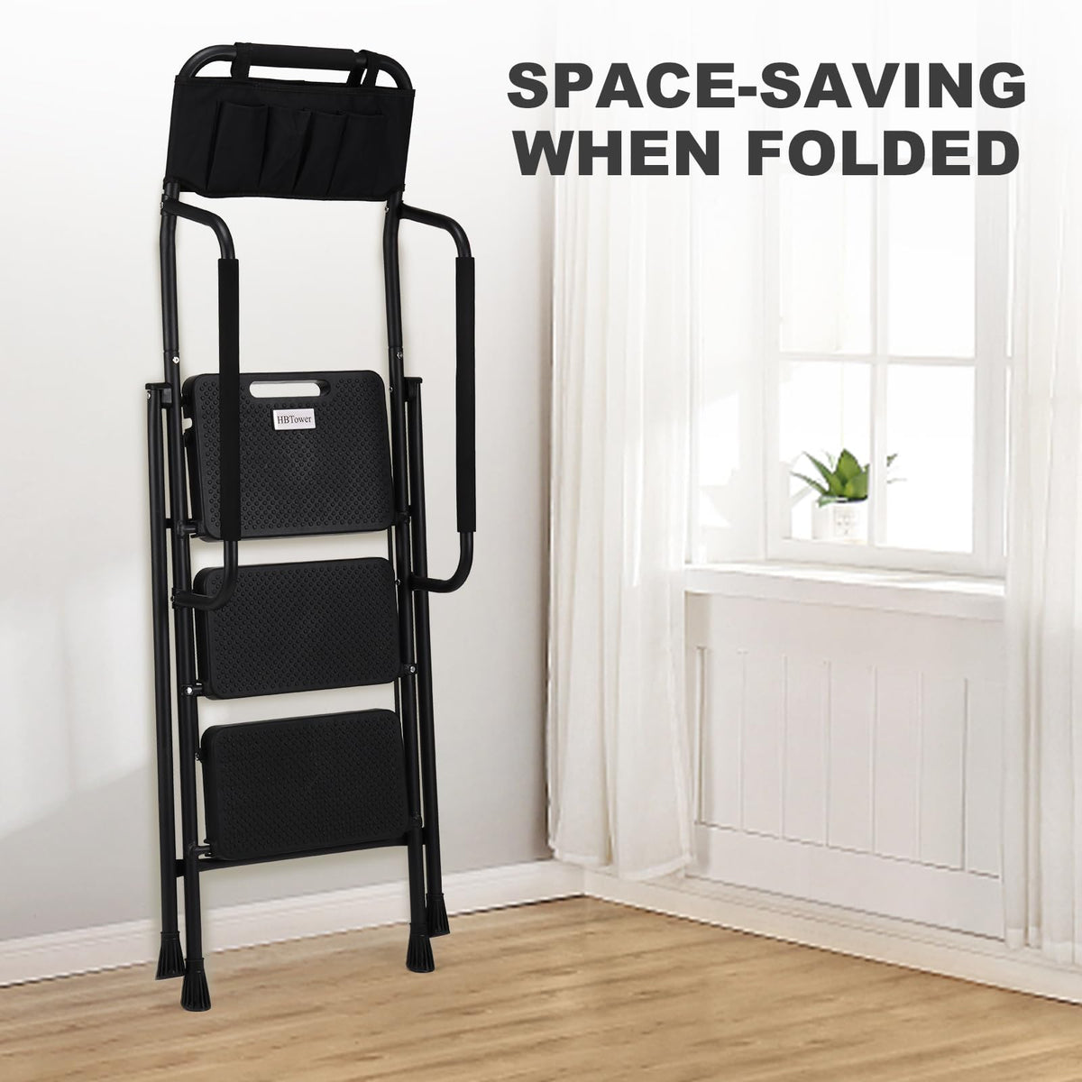 HBTower compact folded form fits neatly into closets and garages