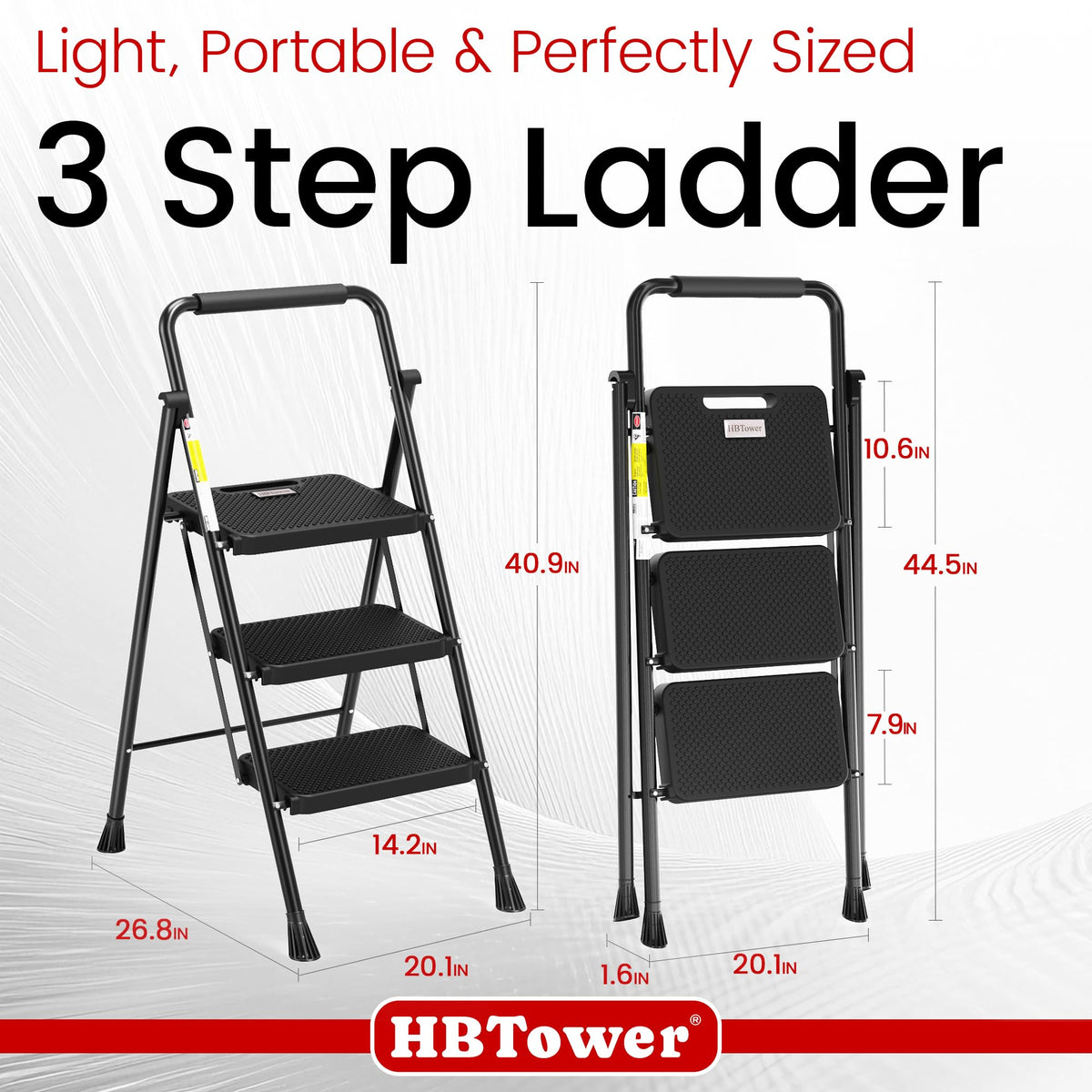 HBTower Step Ladder with wide feet protects floors and stabilizes on uneven surfaces.