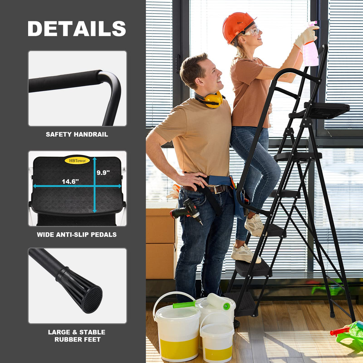 HB Tower safety lock keeps ladder secure during use.